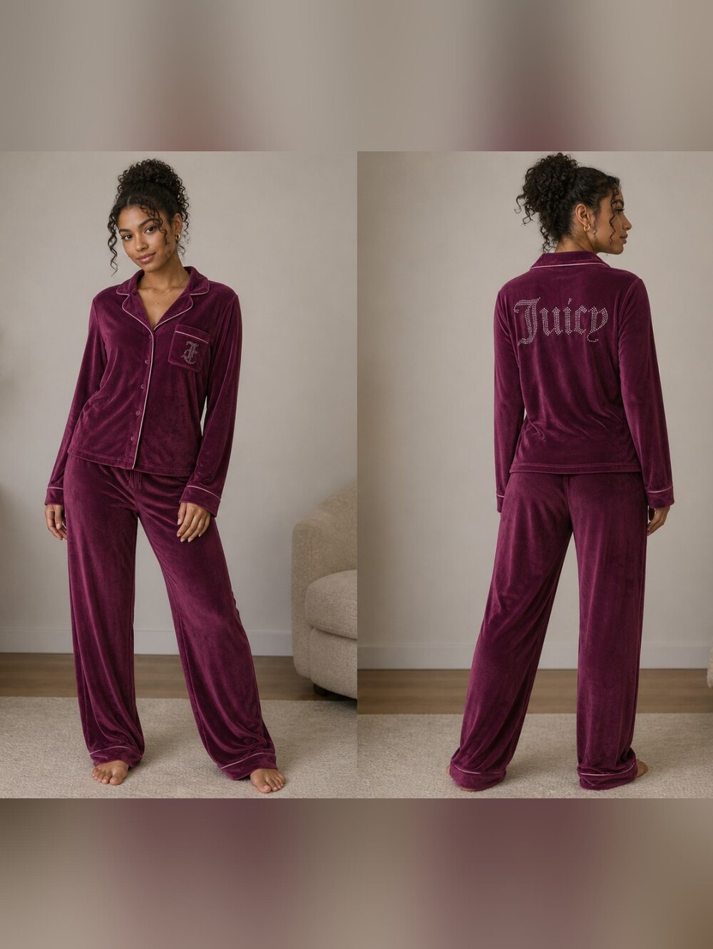 Juicy Couture Women's Velour Pajama Set - Wine Burgundy Large